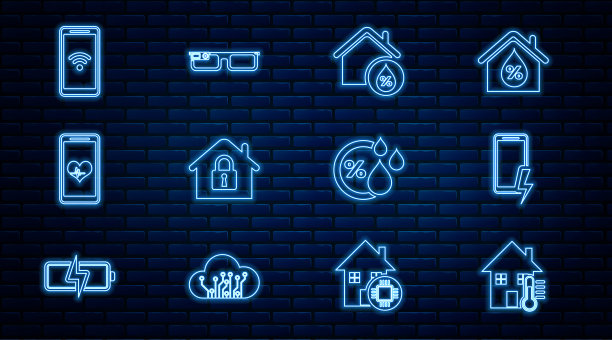 设置线室内温度，移动充电电池，湿度，在保护下，心率，wi-fi无线，湿度和智能眼镜图标。向量图片下载