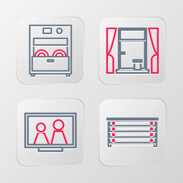 设置线抽屉柜，桌子上的相框，窗帘和厨房洗碗机机器图标的窗户。向量图片下载