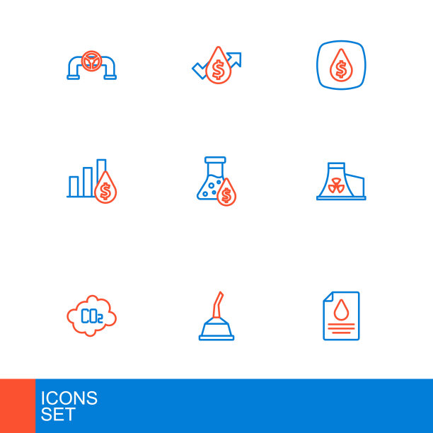 设定线路合同钱和笔，汽油机油罐，二氧化碳排放云，核电站，饼图美元，石油汽油试管，下降符号和价格上涨图标。向量图片下载