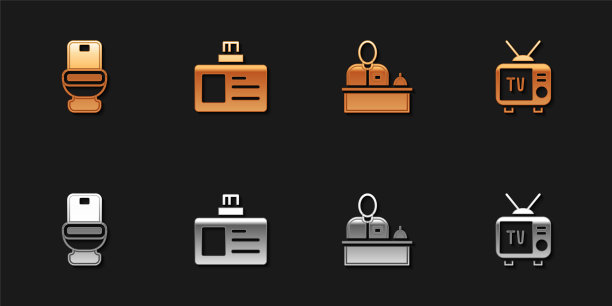 设置马桶，身份标识，酒店前台和复古电视图标。向量图片下载