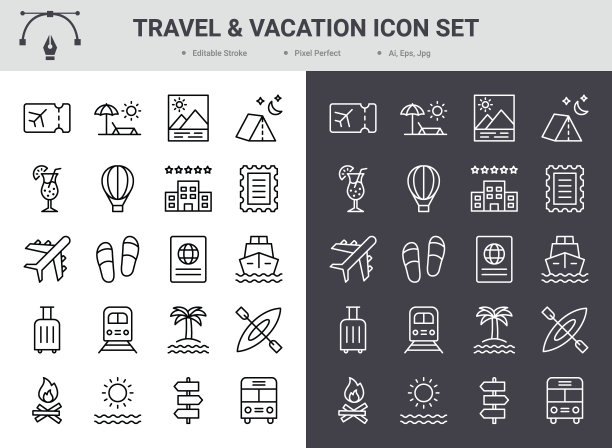 旅游和度假图标集。可编辑的中风。图片下载