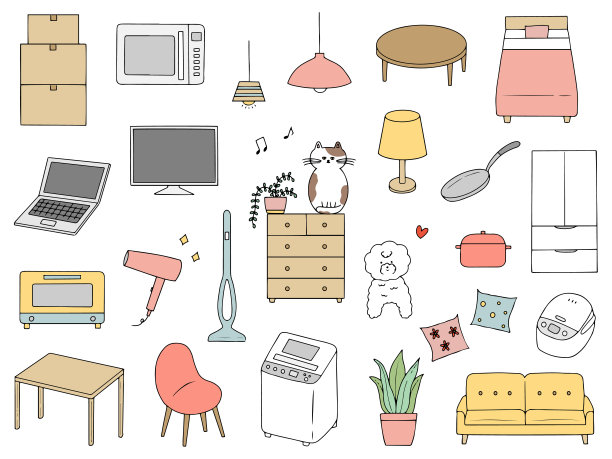 移动。一套家具和家用电器，矢量插图图片下载