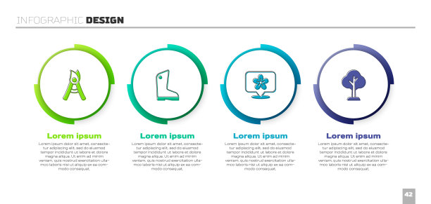 集园艺手工剪刀，橡胶手套，地点与花和森林。业务信息图表模板。向量图片下载