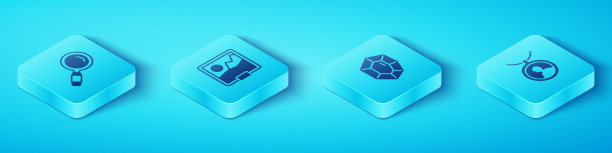 设置等距放大镜，图片，项链和宝石石图标上的吊坠。向量图片下载