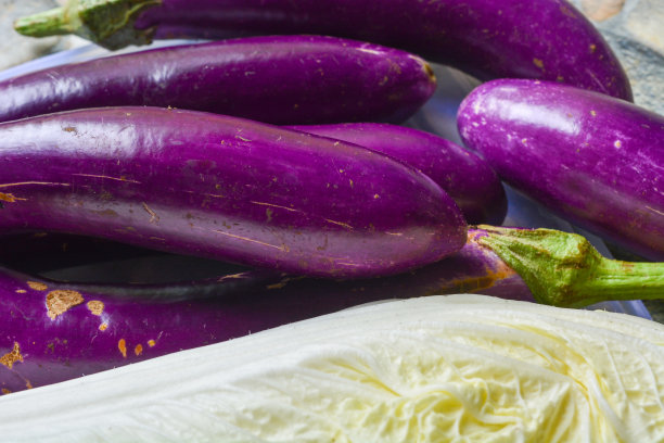 长长的紫茄子平躺在照片上面。热带国家食材图片下载