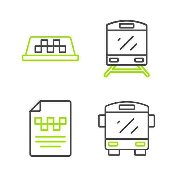 设置线路巴士，出租车驾驶执照，火车和汽车车顶图标。向量图片下载