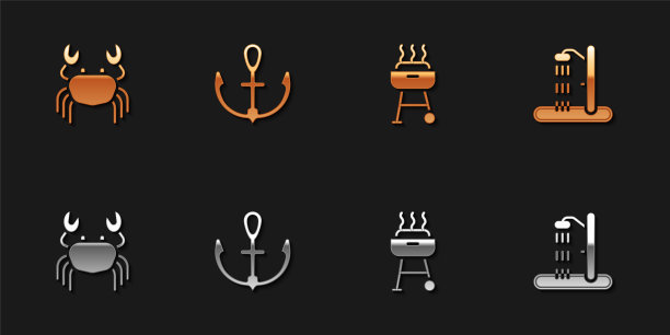 设置螃蟹，锚，烧烤和海滩淋浴图标。向量图片下载