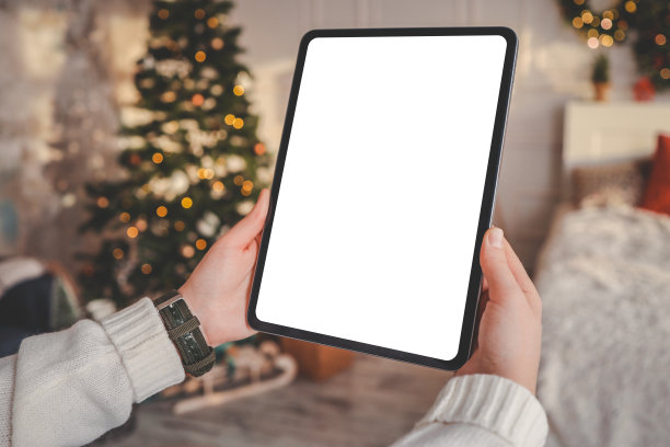 在圣诞节的气氛中，一个女孩在一个孤立的屏幕上工作图片下载