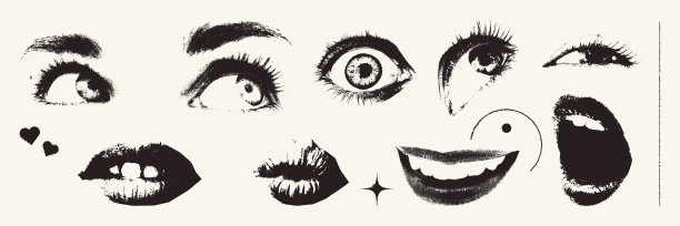 眼睛和嘴唇的复古影印效果元素集图片下载