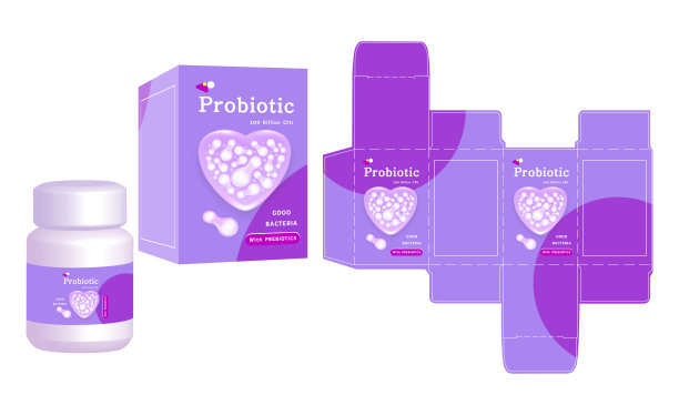 包装设计，膳食补充剂容器上的标签与益生菌概念盒模板和模型盒，插图矢量。图片下载