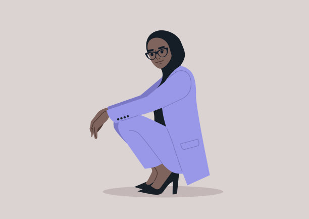 一位泰然自若的女商人，穿着优雅的淡紫色裤装和高跟鞋，在一个有目的的蹲姿中流露出自信图片下载