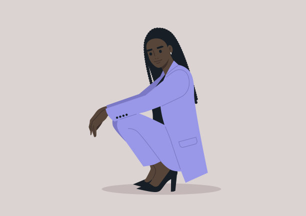 一位泰然自若的女商人，穿着优雅的淡紫色裤装和高跟鞋，在一个有目的的蹲姿中流露出自信图片下载