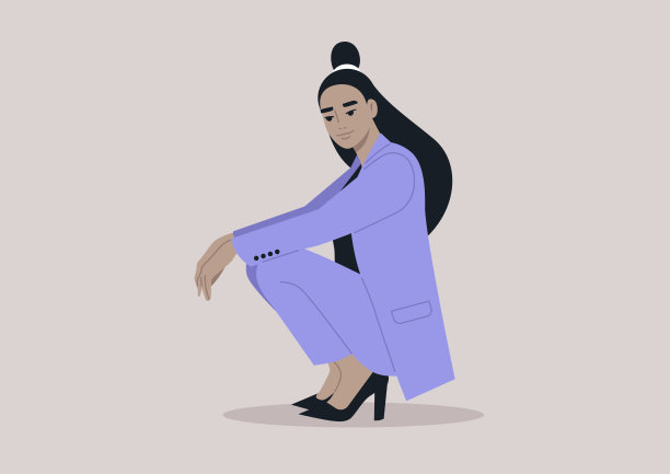 一位泰然自若的女商人，穿着优雅的淡紫色裤装和高跟鞋，在一个有目的的蹲姿中流露出自信图片下载