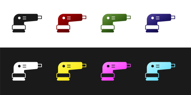 设置电动砂光机图标孤立的黑色和白色的背景。轨道砂光机。用于地板和木板的打磨砂纸。向量图片下载