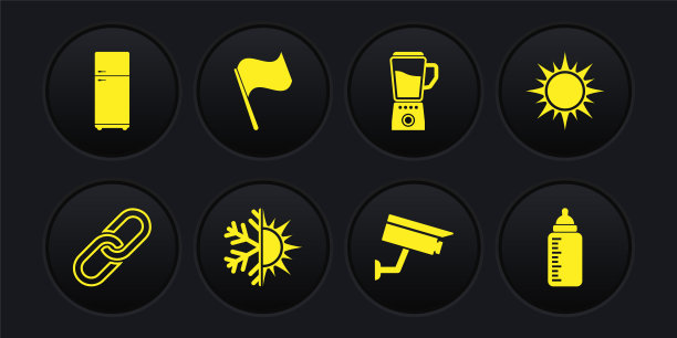 集链环，太阳和雪花，安全摄像头，搅拌机和国旗图标。向量图片下载