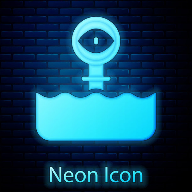 发光的霓虹灯潜望镜在波浪之上的水图标孤立的砖墙背景。向量图片下载