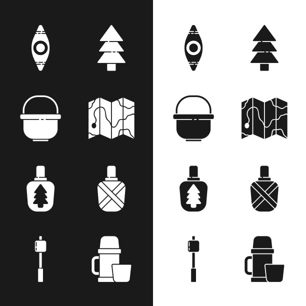 设置森林在地图上的位置，野营锅，皮划船，树，水壶，保温瓶容器和杯子和棉花糖棒图标。向量图片下载