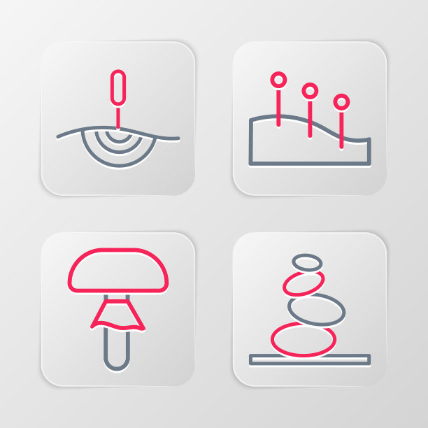 设置线堆叠热石，蘑菇，针灸疗法和图标。向量图片下载