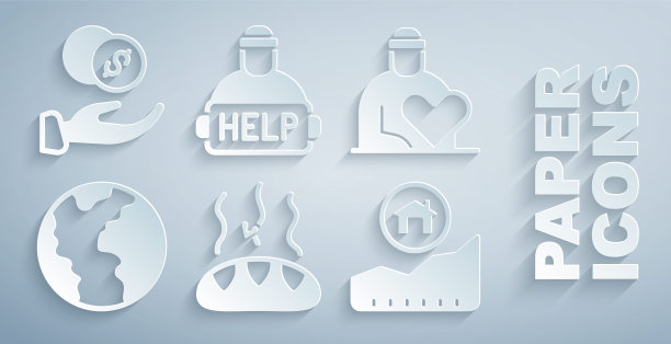 设置捐赠食品，志愿者，全球经济危机，住房成本上升，帮助无家可归者和手与钱的图标。向量图片下载