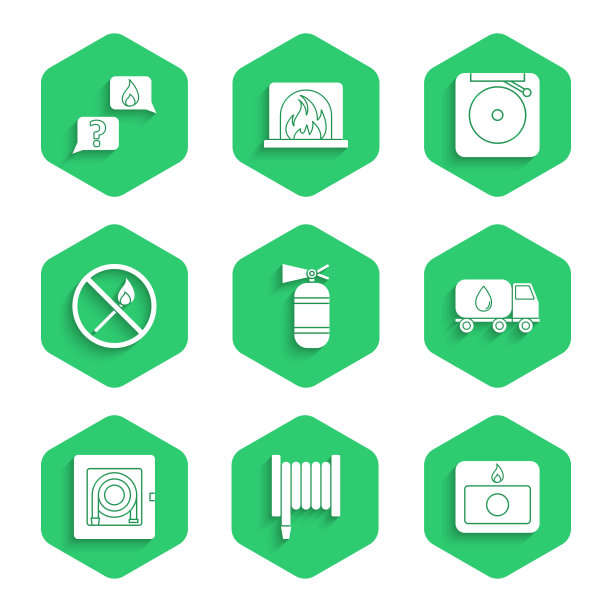设置灭火器，软管卷轴，报警系统，送水车，机柜，无火柴，铃声和电话紧急呼叫911图标。向量图片下载
