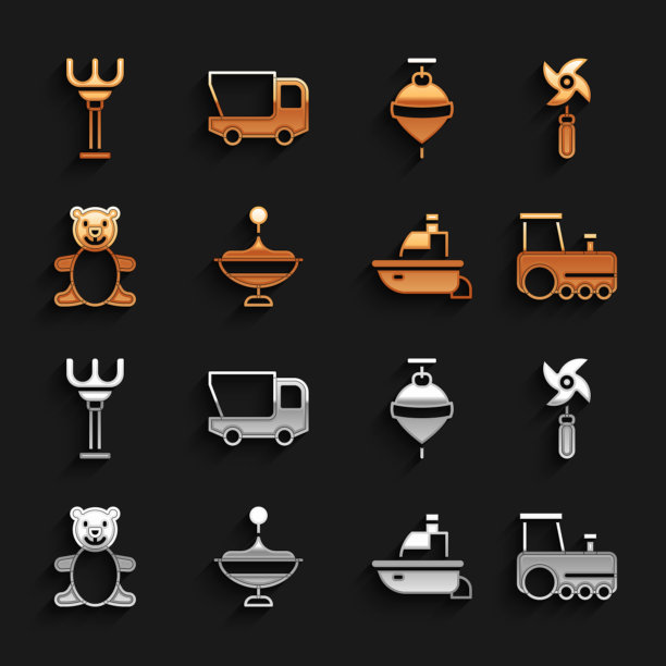 集旋转玩具，风车，玩具火车，船，泰迪熊毛绒，耙和卡车图标。向量图片下载