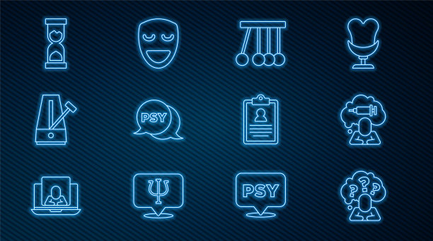 设线头问号，成瘾的药物，钟摆，心理学，Psi，节拍器钟摆，旧沙漏，医疗剪贴板和喜剧戏剧面具图标。向量图片下载