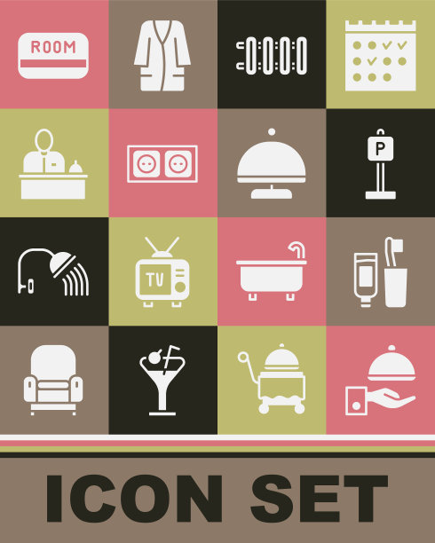 配有托盘，牙刷和牙膏，停车场，暖气散热器，电源插座，酒店前台，钥匙卡和图标。向量图片下载