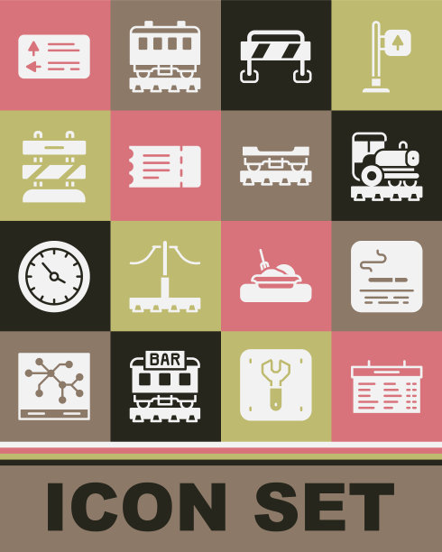 集火车站板，吸烟区，老式机车，道路障碍，车票，铁路轨道的尽头，交通标志和货运列车的图标。向量图片下载
