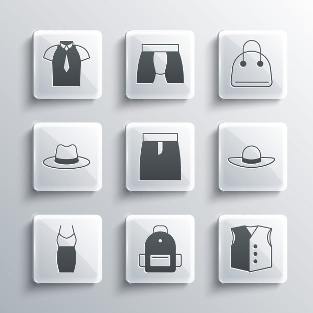 集学校背包，马甲，优雅的女人帽子，裙子，女人的衣服，男人，衬衫和手提包的图标。向量图片下载