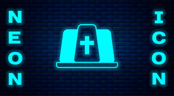 发光的霓虹教皇帽子图标孤立的砖墙背景。基督教的帽子标志。向量图片下载