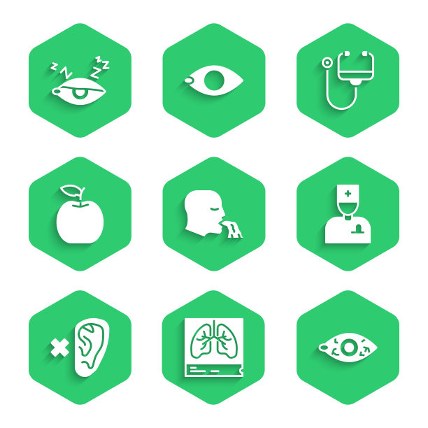 集呕吐人，肺x光，红眼睛，男医生，聋人，苹果，听诊器和失眠图标。向量图片下载