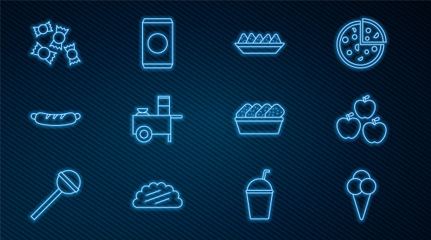 华夫蛋筒冰淇淋，苹果冰淇淋，玉米片，快餐车，热狗三明治，糖果，鸡块盒和汽水罐吸管图标。向量图片下载