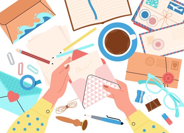 手握信封。女有信，顶视图背景。接收邮政或明信片，邮政过境或友谊的邮件，体面的矢量概念图片下载