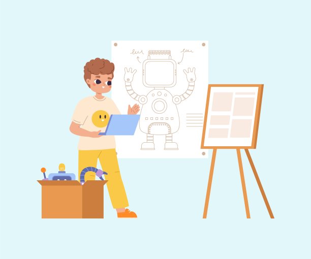 男孩编程和开发机器人。学校或车间的机器人项目。学生展示他的机器人草图。投影矢量场景图片下载