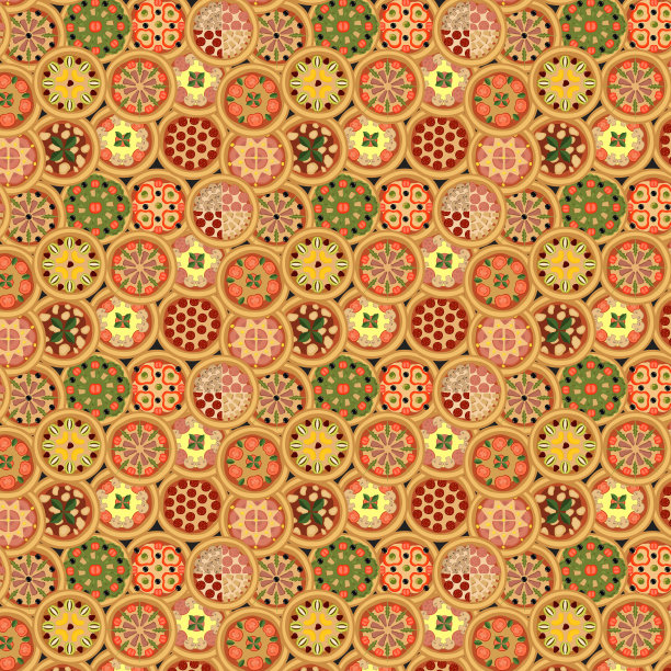 在深色的背景上，各种圆形的披萨紧紧地躺在一起，浑然天成图片下载