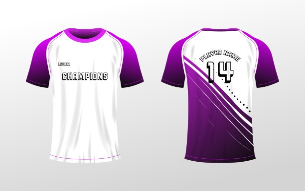 运动t恤模型。平面，颜色，t恤模板背面和正面视图，球员姓名模型，14号，运动t恤模型。矢量图标图片下载