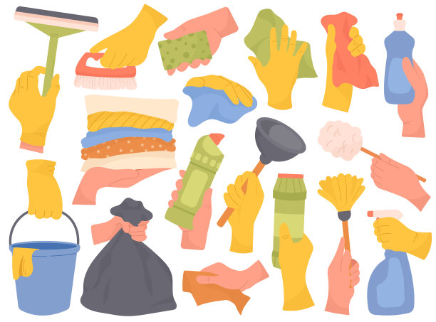 人手手持消毒洗涤剂及清洁工具设备家务用品套装图片下载