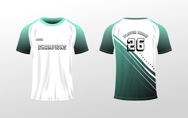 运动t恤模型。平面，彩色，t恤模板前后视图，球员姓名模型，26号，运动t恤模型。矢量图标图片下载