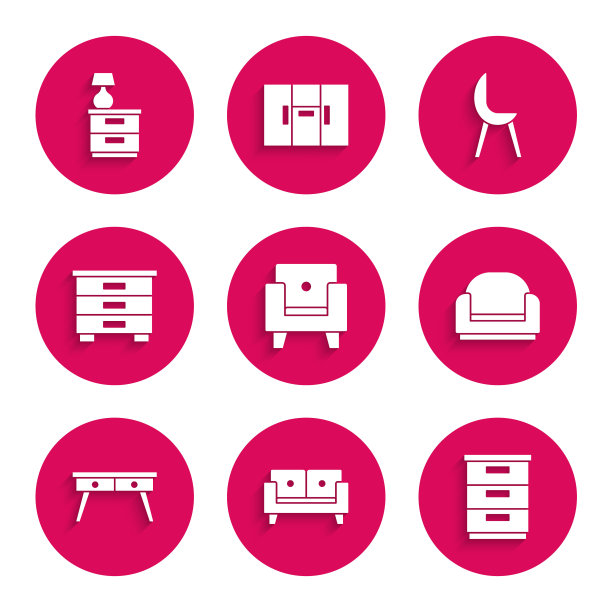 集扶手椅，沙发，家具床头柜，办公桌，并与灯图标。向量图片下载