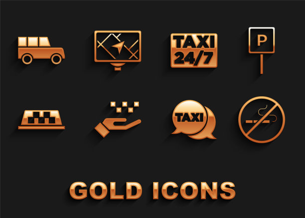 设置出租车，停车，禁止吸烟，出租车呼叫电话服务，车顶，位置，汽车和Gps设备地图图标。向量图片下载