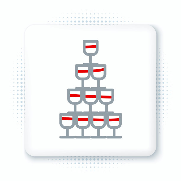 线葡萄酒玻璃杯堆叠在一个金字塔塔图标孤立的白色背景。葡萄酒杯的迹象。色彩缤纷的轮廓概念。向量图片下载