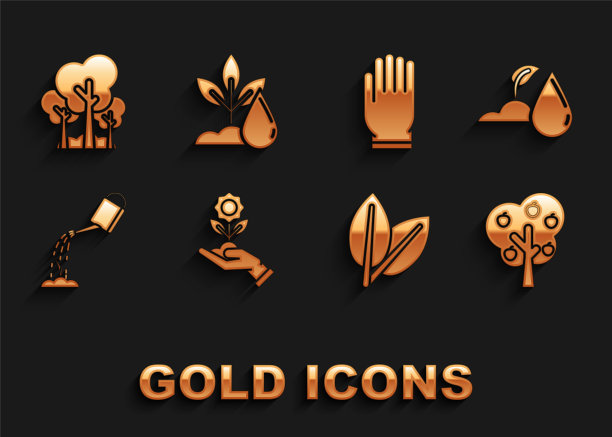 集手捧花，浇水发芽，树与苹果，叶子，可以水，花园手套，树木和植物图标。向量图片下载