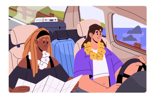 女人带着行李开着车去旅游度假。司机握着方向盘，乘客通过地图寻找路线。汽车里的人一起去海边。平面矢量图图片下载