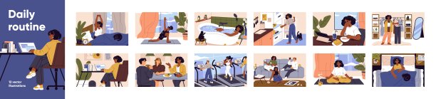 每日例行程序设置。忙碌的女孩日常生活:在家工作，与人会面。年轻女子和猫睡觉，做瑜伽，训练，洗澡。效率日，规划生活方式。平面矢量插图图片下载