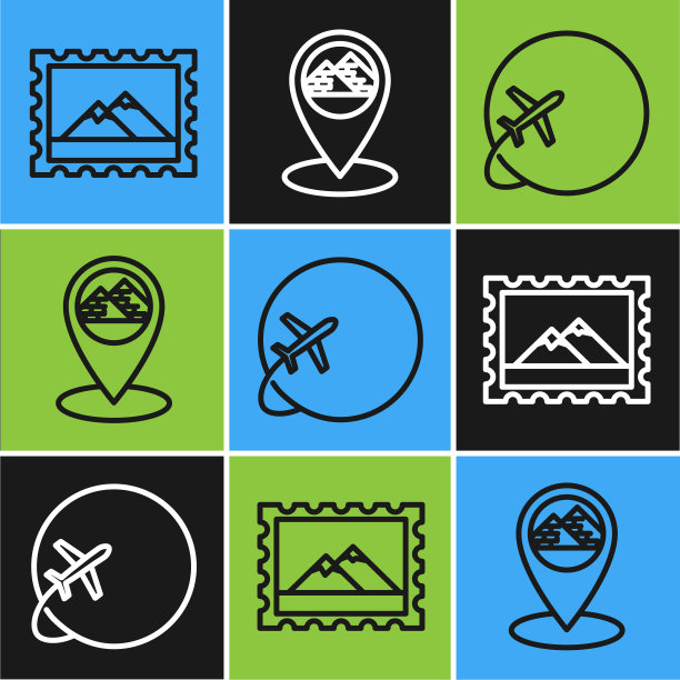 集线邮政邮票和山脉，地球与飞行飞机和地图指针与埃及金字塔图标。向量图片下载