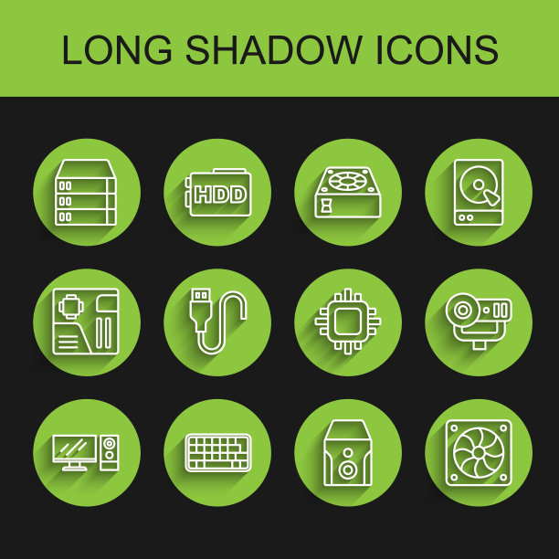 设置线计算机显示器，键盘，服务器，数据，网络托管，不间断电源，冷却器，USB电缆，相机和处理器与CPU图标。向量图片下载