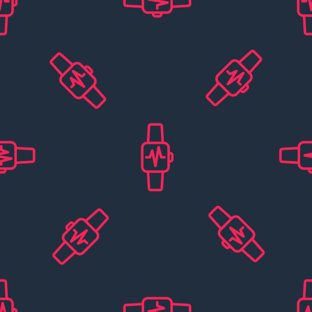 红线智能手表显示心率图标隔离无缝图案在黑色背景。健身App概念。向量图片下载