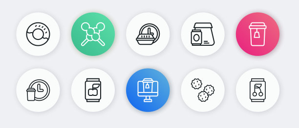 在线订餐，一杯茶，24小时送货，饼干饼干，汽水罐和图标。向量图片下载