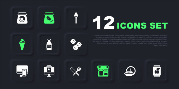 设置24小时送货，汽水罐，瓶装水，在线订购食品，冰淇淋华夫饼，鱼和交叉刀叉图标。向量图片下载