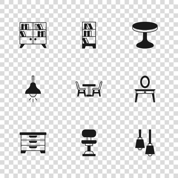 设置办公椅，梳妆台，挂灯，桌子，圆，图书馆书架，和图标。向量图片下载